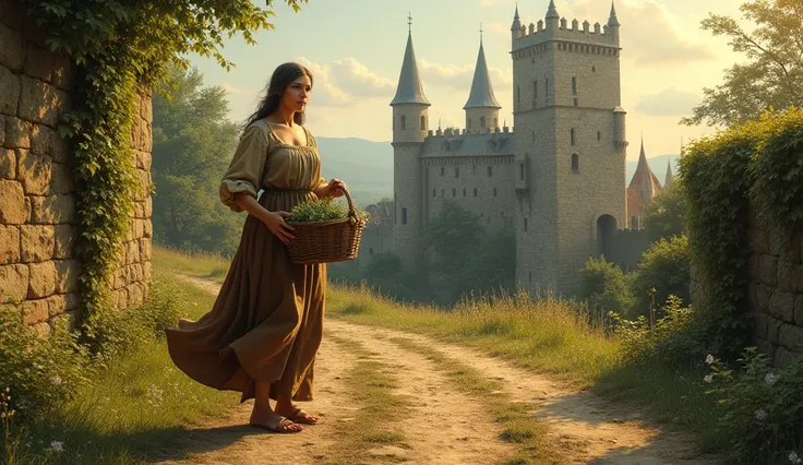 A medieval peasant woman standing on a dirt path, dressed in simple strapless woolen clothing, with a stone castle towering in the background. The scene is set during the golden hour, with the sun casting warm, soft light across the landscape. The castles ...