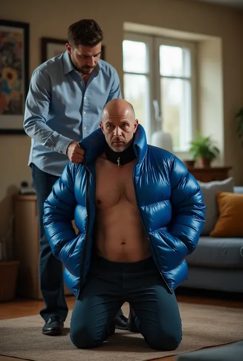 Create a hyper-realistic, males gay man BDSM image, high-resolution image showing two extremely handsome  brightly lit living room. The wonderful and seductive uncle, aged 42, with short hair beginning to show signs of balding, is wearing dark pants and an...