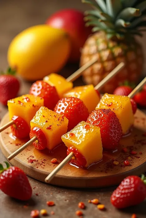 Skewerd fruits coated with hot sugar (melted) with chili flakes 