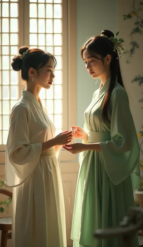 Beautiful chinese young girl in simple white dress and hair tied up with pin and  holding needle and thread talking to her maid wearing green chinese servant dress in simple elegant traditional chinese room with half opened window.