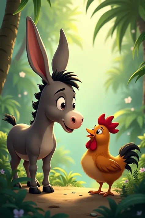 draw a donkey and hen talking to esch other in the jungle. show a friendship bond between them.