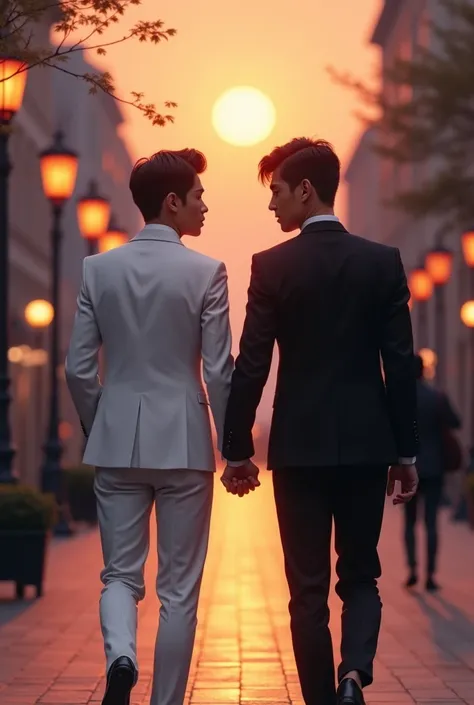 Young Korean man in a white suit and white shirt, and a white tie in white shoes, walks close to his tall male friend, who is dressed in a black suit with a white shirt and a black tie in black shoes, they hold hands and walk along the street with lamps in...