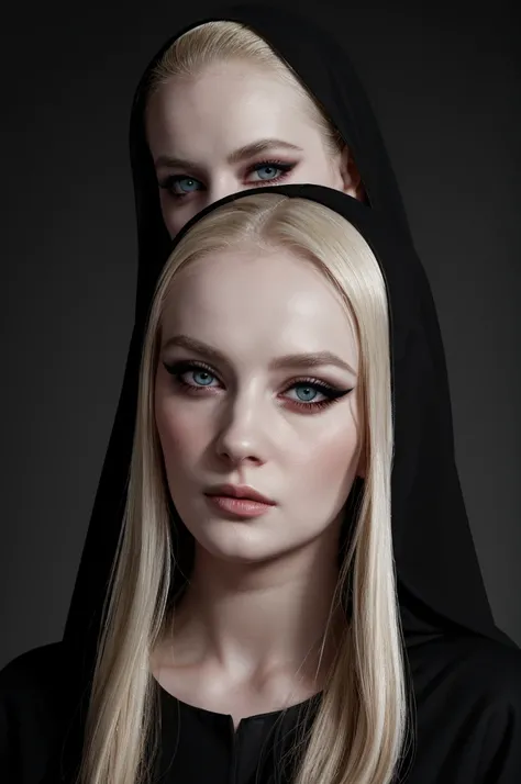 woman pretty, blonde, slicked back ,black nun veil, blonde hair , big breast,, pale skin , wearing italian dress, eyeliner ,foxy eyeliner , makeup ,pale woman painting, beautiful light deep focus, elegant, digital painting, smooth, dramatic lighting , 8k, ...