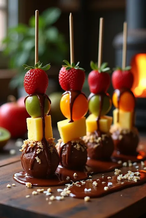 Skewerd fruits coated with hot melted chocolate 