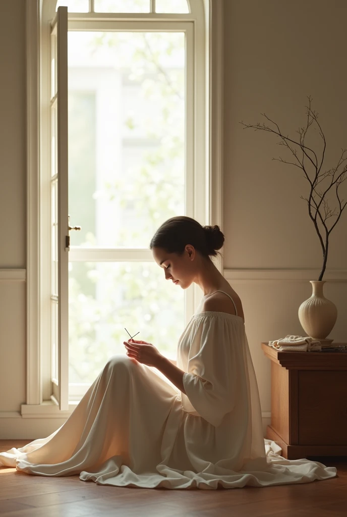 In a simple and elegant room, a graceful figure sat facing the half-open window. The needle and thread in her hand did not stop at all