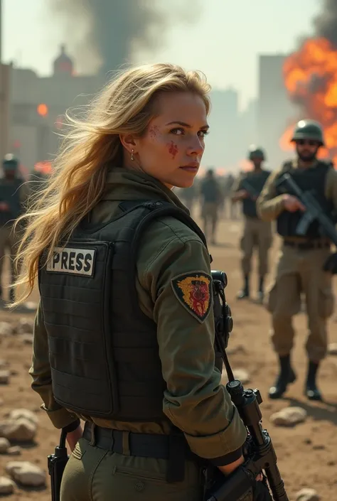 Blonde woman, press photographer with a camera with a telephoto lens no weapon on her, bulletproof vest written PRESS on it, blood on her clothes, war scene around her with explosions and whistling bullets, bodies on the ground, soldiers with weapons aroun...