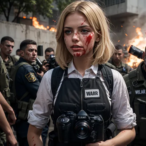 blonde woman, war press photographer with a camera, blood on her clothes and on her face, war scene around her with explosions a...