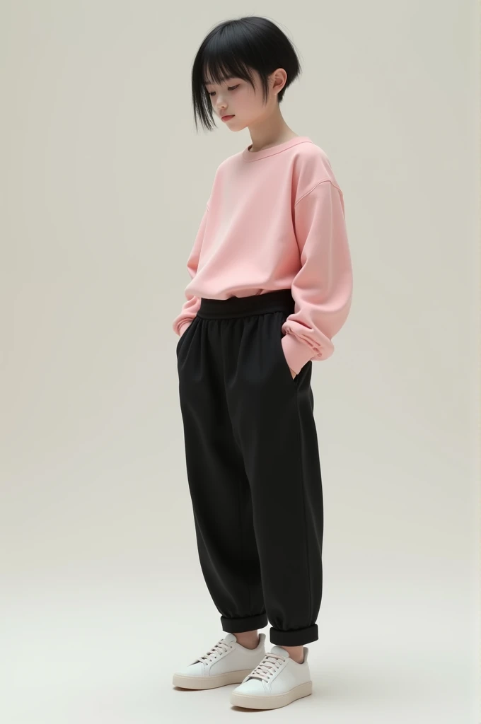 Create a boy with short black hair, thin androgynous face and body without visible muscles wearing a pink top and black suplex pants with white sneakers