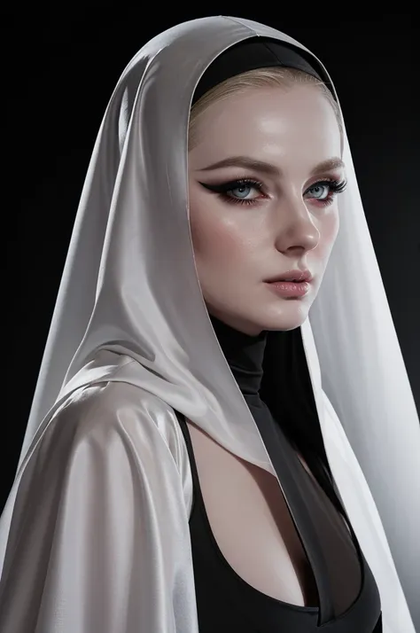 woman pretty, blonde, slicked back ,black nun veil, blonde hair , big breast,, pale skin , wearing italian dress, eyeliner ,foxy...