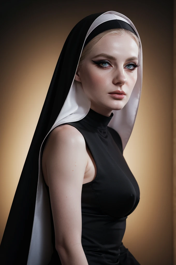 woman pretty, blonde, slicked back ,black nun veil, blonde hair , big breast,, pale skin , wearing italian dress, eyeliner ,foxy eyeliner , makeup ,pale woman painting, beautiful light deep focus, elegant, digital painting, smooth, dramatic lighting , 8k, ...