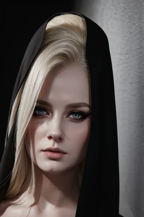 woman pretty, blonde, slicked back ,black nun veil, blonde hair , big breast,, pale skin , wearing italian dress, eyeliner ,foxy eyeliner , makeup ,pale woman painting, beautiful light deep focus, elegant, digital painting, smooth, dramatic lighting , 8k, ...