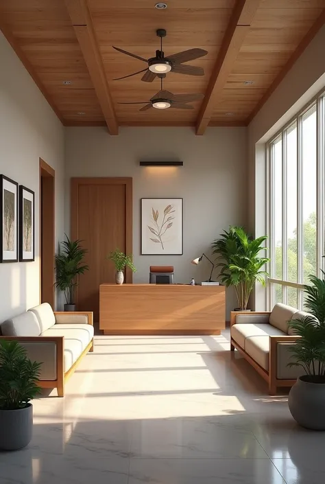 aesthetic inside view of a modern village office with village officer cabin and visitors seats 