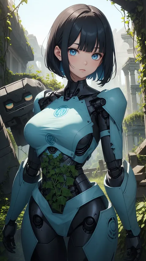 Highest quality, flying debris、Beautiful woman、Black Hair、(Dark blue eyes、Blunt bangs)、Short Hair,whole bodyショット、break(Among the ivy-covered ancient ruins:1.2)、break(In front of the ancient robot weapons:1.3)、(((whole body)))、Big Breasts、BREAK((Black and l...