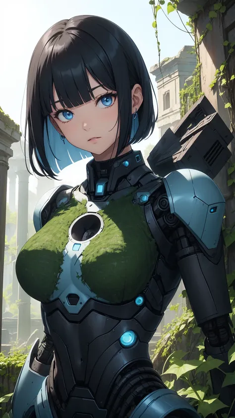 Highest quality, flying debris、Beautiful woman、Black Hair、(Dark blue eyes、Blunt bangs)、Short Hair,whole bodyショット、break(Among the ivy-covered ancient ruins:1.2)、break(In front of the ancient robot weapons:1.3)、(((whole body)))、Big Breasts、BREAK((Black and l...