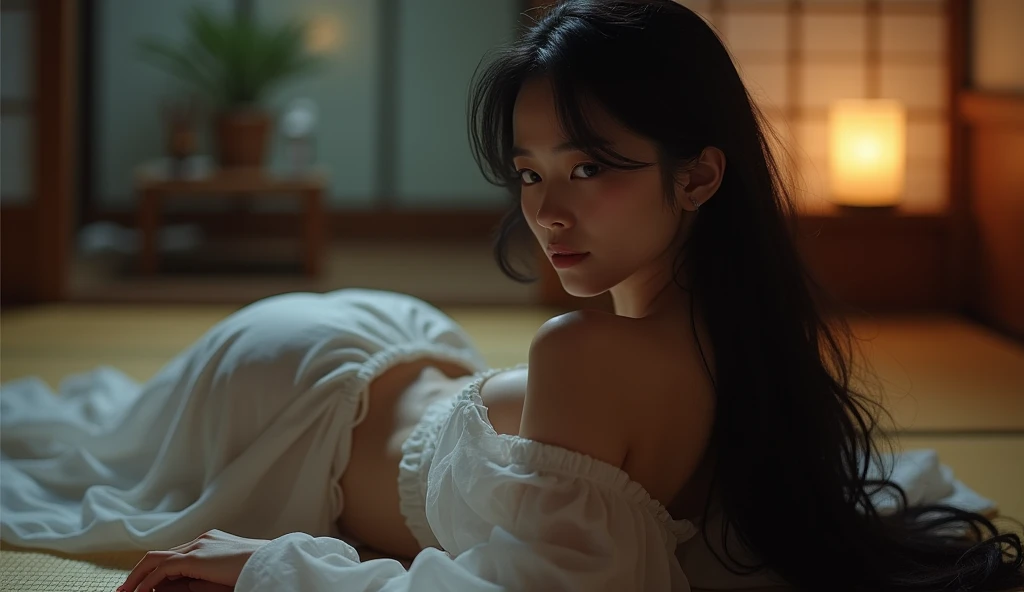 The back view of a beautiful woman in her 40s lying down in a Japanese yukata、Fair skin、Spread your legs、tall、profile、An almost see-through white yukata、On the tatami、Japanese-style room at night、blush、Half-open eyes、Half-open mouth、Long black hair、Blank S...