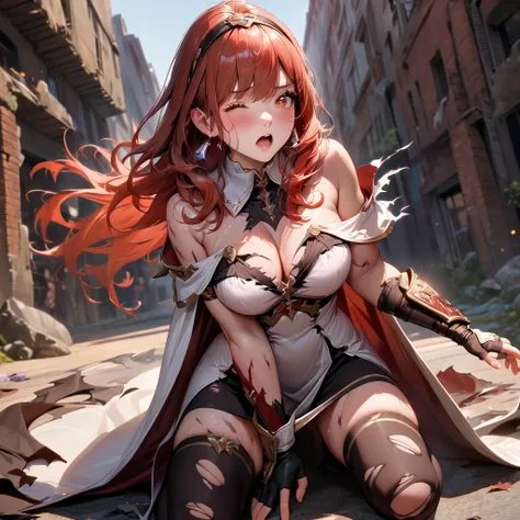 (best quality, masterpiece), very aesthetic, absurdres, high res, detailed face, (realistic:0.8), Ray Tracing, 1girl, defCeli, red hair, tareme, red eyes, hairband, earrings, cape, detached collar, white dress, large breasts, cleavage, pencil Skirt, bare s...