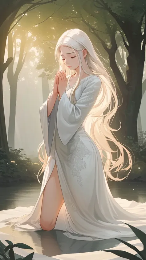 a young beautiful woman with long flowing hair,kneeling in a serene tranquil setting,eyes closed in deep concentration,hands gently clasped together in prayer pose,wearing flowing white gown softly draping over body,peaceful ethereal landscape background,s...