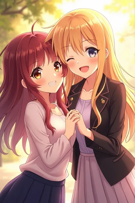 "Create an image of two beautiful anime-style girls smiling warmly as they look directly at the camera. Both have radiant, glowing skin and expressive eyes that reflect joy and warmth. Their hair is styled elegantly, with one girl having flowing, wavy hair...