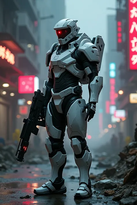 MAN WEARING WHITE AND BLACK Iron shoot , holding mordern weapon standing at road in cyber junk City at night red shoot