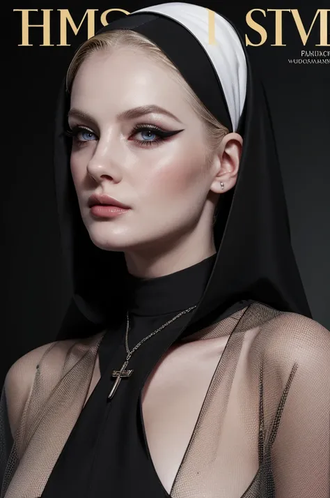 woman pretty, blonde, slicked back ,black nun veil, blonde hair , big breast,, pale skin , wearing italian dress, eyeliner ,foxy...