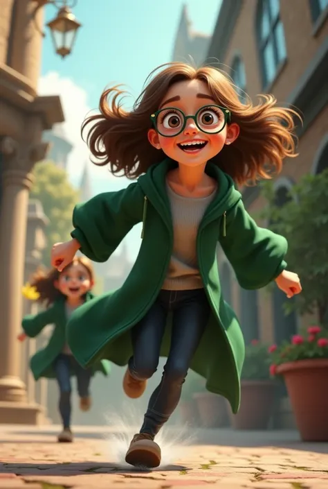 A cheerful brown-haired girl, wearing glasses and wearing a Slytherin robe, chases her brother.