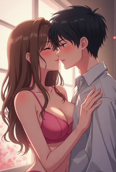 Big breasted wearing bra pink girl kiss to boy and boy put hand on shoulder anime