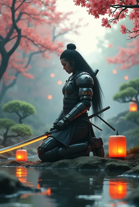 An ancient samurai reborn as a cyber warrior, with robotic limbs and a glowing energy katana. Man kneels in a serene Japanese garden, now transformed with futuristic elements like floating lanterns and digital cherry blossoms.