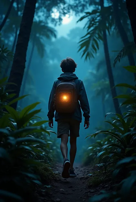 One vlogger boy walk at night in jungle with gopro