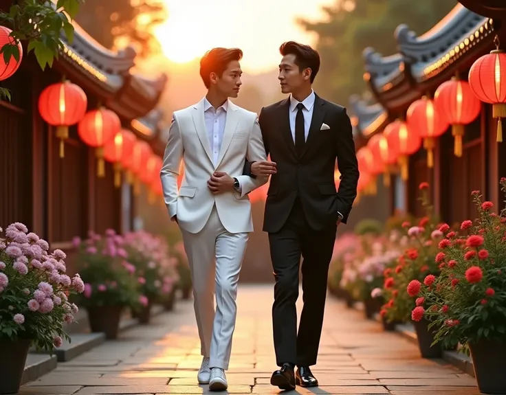 Young Korean man in a white suit and white shirt, and a white tie in white shoes, walks close to his tall male friend, who is dressed in a black suit with a white shirt and a black tie in black shoes, and walk along the lantern alley of flowers at sunset