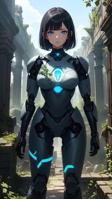 Highest quality, flying debris、Beautiful woman、Black Hair、(Dark blue eyes、Blunt bangs)、Short Hair,whole bodyショット、break(Among the ivy-covered ancient ruins:1.2)、break(A woman stands in front of an ancient robotic weapon:1.3)、(((whole body)))、Big Breasts、BRE...