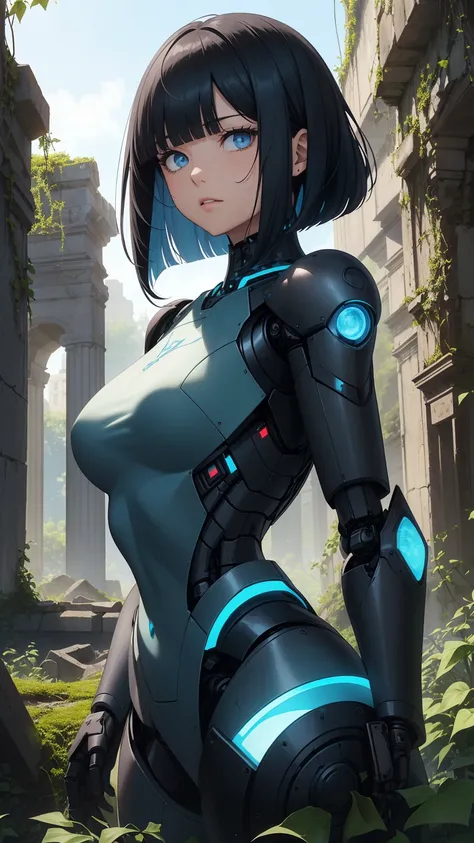 Highest quality, flying debris、Beautiful woman、Black Hair、(Dark blue eyes、Blunt bangs)、Short Hair,whole bodyショット、break(Among the ivy-covered ancient ruins:1.2)、break(A woman stands in front of an ancient robotic weapon:1.3)、(((whole body)))、Big Breasts、BRE...