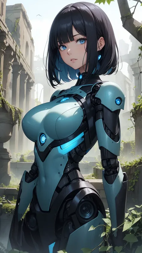 Highest quality, flying debris、Beautiful woman、Black Hair、(Dark blue eyes、Blunt bangs)、Short Hair,whole bodyショット、break(Among the ivy-covered ancient ruins:1.2)、break(A woman stands in front of an ancient robotic weapon:1.3)、(((whole body)))、Big Breasts、BRE...