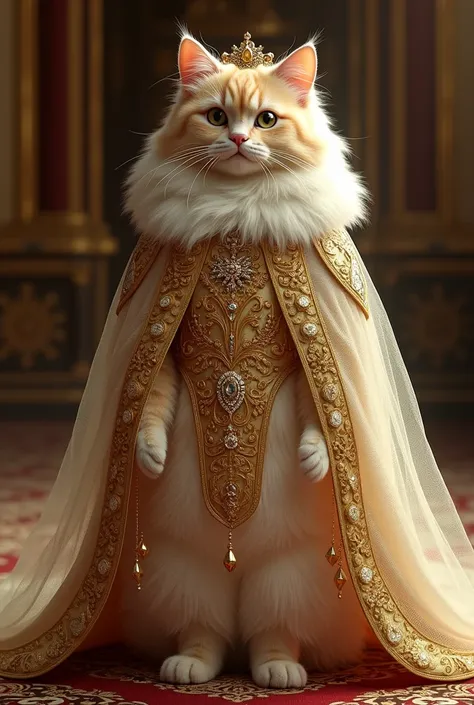 A majestic Persian cat dressed in an elaborate Turkish Ottoman bridal gown, adorned with gold embroidery, a flowing veil, and a jeweled tiara. The cat walks on two legs with regal grace, reflecting the opulence of the attire.