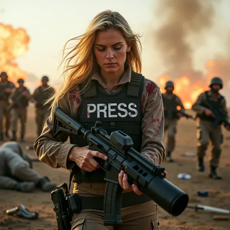 Blonde woman, press photographer with a camera with a telephoto lens no weapon on her, bulletproof vest written PRESS on it, blood on her clothes, war scene around her with explosions and whistling bullets, bodies on the ground, soldiers with weapons aroun...