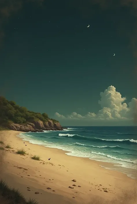 I need a beach picture with just the sean and sand and a small moon and some clouds and one or two birds. The picture must be dark brown and most importantly it must look like an ancient painting and not AI