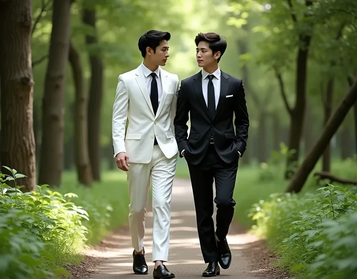 Young Korean man in a white suit and white shirt, and a white tie in white shoes, walks close to his tall male friend, who is dressed in a black suit with a white shirt and a black tie in black shoes, and they walk along the forest alley