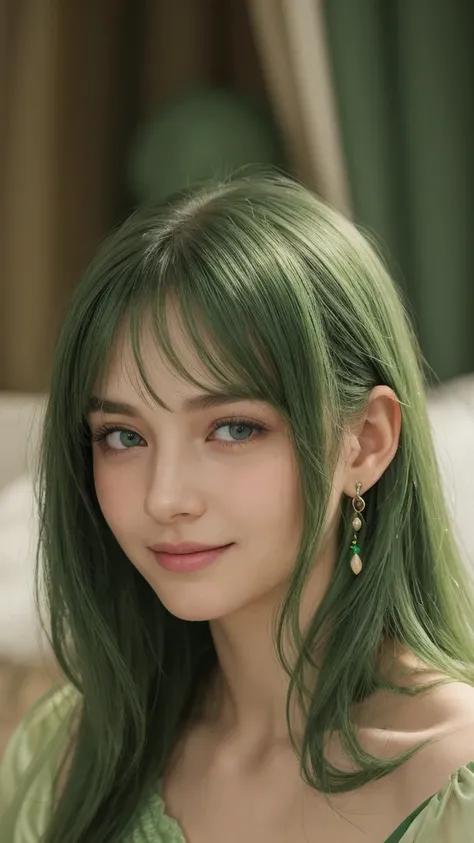 a girl. European. Extremely detailed face. Oval face. Delicate facial features. Half-closed eyes. Long straight hair. Messy hair. Bangs. Green hair. Green eyes. earrings. Green silk nightgown. Sad expression. Smiling slightly