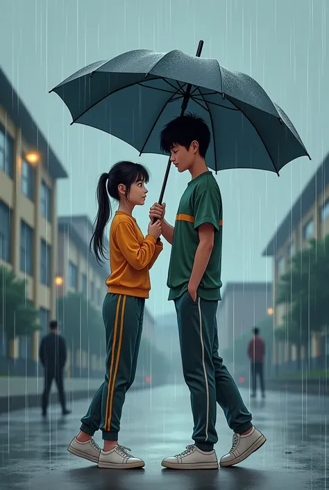 With the manhua drawing of Chinese comics. Draw a picture of a boy (White skin, High ráo, Pretty trai, wear gym uniform long pants) holding umbrella for girl (White skin, Pretty, wear gym uniform long pants). From afar there is another guy (White skin, Hig...