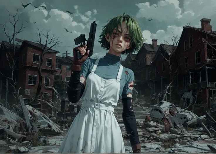 female 1、green hair、he has a gun in his right hand、blank look、cloudy、dead tree