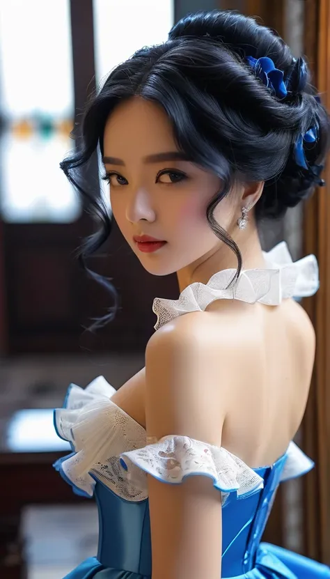 highly detailed, 8k, ​masterpiece, a girl, blue ruffles_balck hair_tube, gown, bend_that&#39;s all , grin, (perfection_face), meeting, machine, Glittering, complex, dramatic lighing, 4K, detailed_backdrop, Etchant, full_Body, (surreal:1.3), bloom,(beautifu...