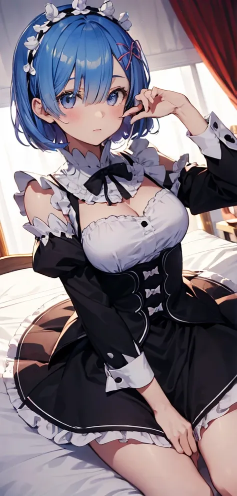 The maid lies on the bed, Anime-style image of a person covering their face with their hands, Anime girl in maid outfit, Girl with short blue hair, Beautiful and detailed anime art, Hair on one eye, rem_re_NULL,