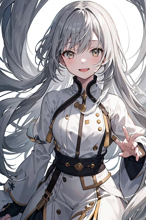 High resolution, masterpiece, One girl, solo, Long Hair, smile, bangs, Gray Hair, Golden Eyes, Open your mouth a little, Character portrait, Lots of white space, Illustration of movement