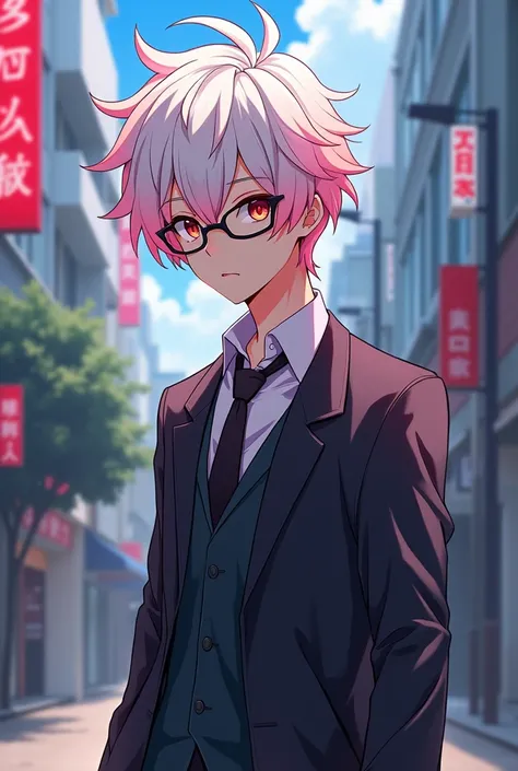 An anime style boy, Your hair should be white and pink. You must wear glasses and dress in a formal or informal manner.. It must measure 1,55 and have the style of the anime Boungou strays dogs