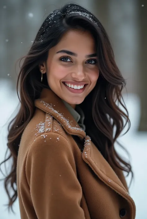 There is a young, Beautiful indian woman, who looks to the future like Katrina Kaif, Smiles into the camera, beautiful teeth, She looks into the camera, a portrait from raw photo, feet, hands, body, winter, coat,
