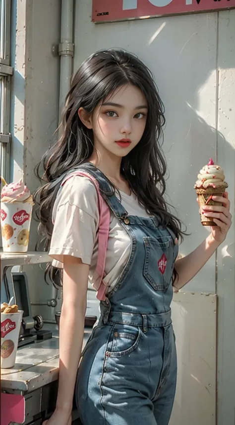 Portrait MagMix Girl look at camera, long hair, Overalls, Retro ice cream parlor with pastel-colored walls, a classic soda fountain counter, and vintage ice cream posters, bathed in warm sunlight, analog film photo, Kodachrome.