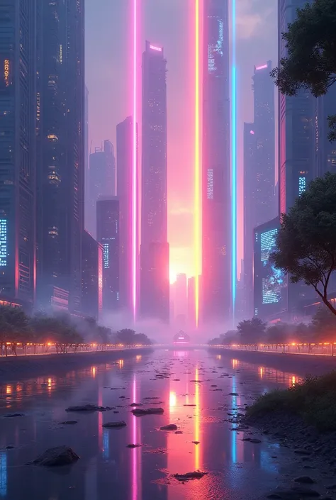 In a futuristic city where skyscrapers pierce the sky、Pillars of light stand in a row、The scenery is like the entrance to another dimension.。The pillars of light shine in various colors、It is reflected in the windows of buildings and in holographic adverti...