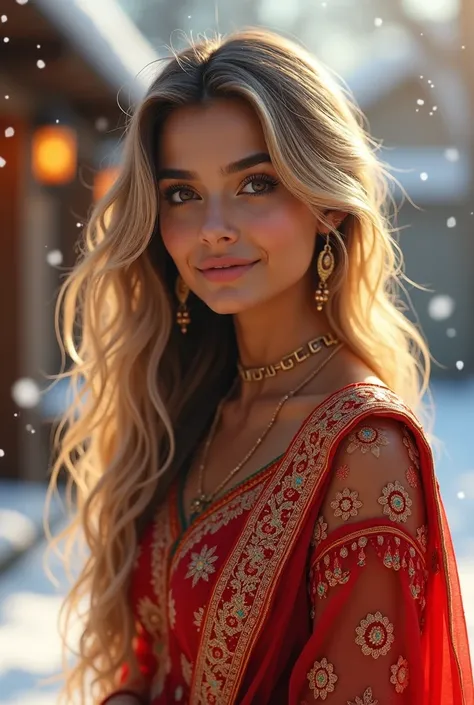 lovely cute young attractive indian girl, brown eyes, gorgeous actress, 2, cute, an Instagram model, long blonde_hair, colorful hair, winter , Indian, wearing salwar-kameez and dupatta
