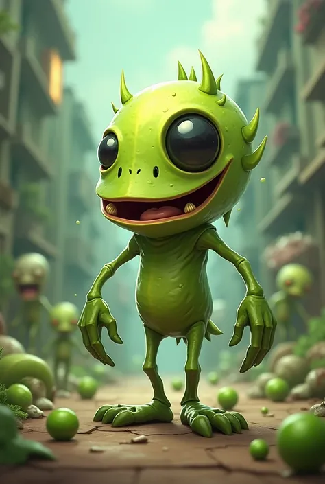 peashooter with a large mouth black eye skinny except the foot 4 foots and shoots peas it has 2 eyes and it dont look like a monster it has leaf hands and foots and protects us from zombies