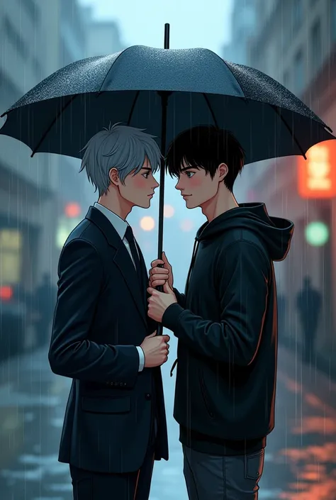 With the manhua drawing of Chinese comics. Draw a picture of a boy (White skin, High ráo, Handsome, grey bangs, wear a suit) sharing an umbrella with a guy (White skin, High, Handsome, wear hoodie, black hair) Rainy scene