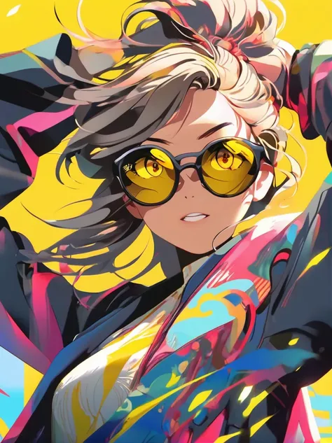 Anime girl with sunglasses in her hair, Gwaise style artwork, Digital illustration style, Anime-style illustrations, Anime Style 4k, Yellow-eyed, With glowing eyes, Anime Style. 8k, Written by Ku Lei Lei, author：hero, persona 5 art style wlop